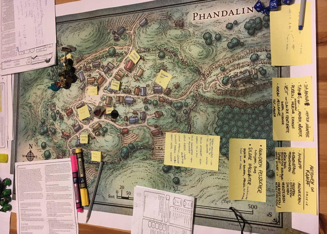 A photo of a printed map of Phandalin, a small town in the Forgotten Realms